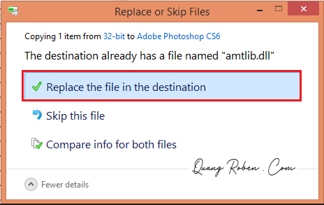 Tiếp tục bước 2: Tìm vào thư mục cài đặt phần mềm Photoshop CS6 trên máy tính của bạn theo đường dẫn bên dưới.

+ Máy 32 bit: C:\Program Files (x86)\Adobe\Adobe Photoshop CS6

+ Máy 64 bit: C:\Program Files\Adobe\Adobe Photoshop CS6

Sau đó dán file “amtlib” vừa copy ở bước trên vào đây.