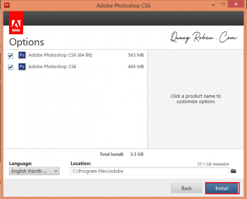Ở màn hình Options, bạn hãy tick chọn phiên bản Photoshop Adobe CS6 theo hệ điều hành computer  mình.